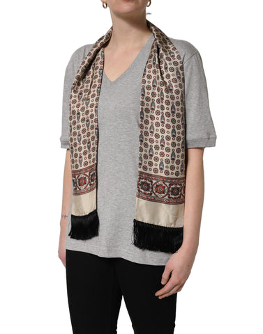 Gray Cotton V-neck Owl Silk Scarf Top T-shirt