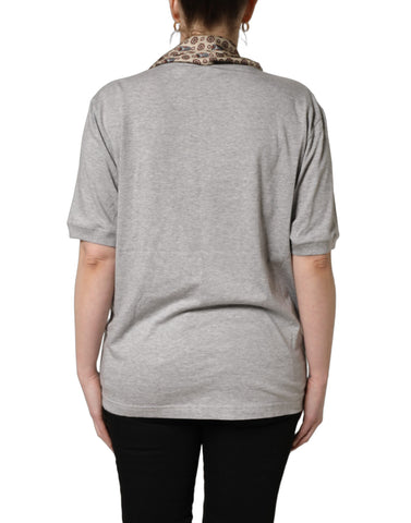 Gray Cotton V-neck Owl Silk Scarf Top T-shirt
