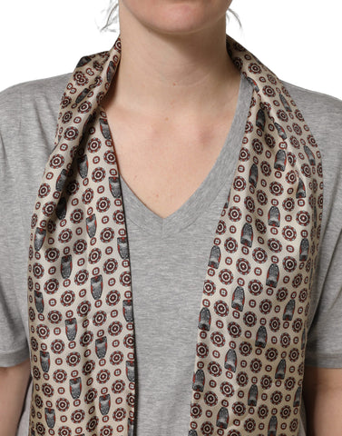 Gray Cotton V-neck Owl Silk Scarf Top T-shirt