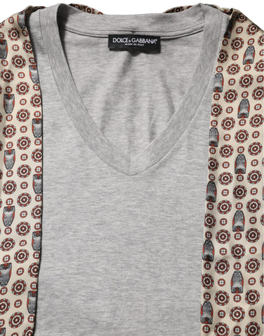 Gray Cotton V-neck Owl Silk Scarf Top T-shirt