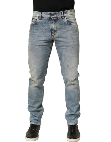 Blue Washed Mid Waist Straight Men Denim Jeans