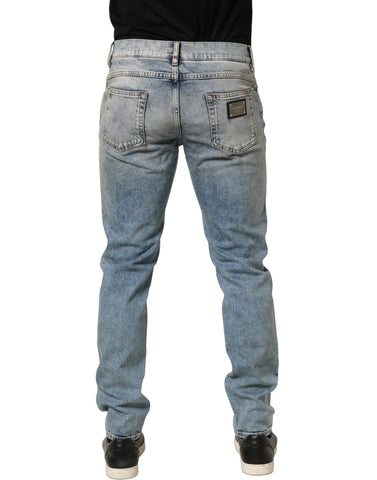 Blue Washed Mid Waist Straight Men Denim Jeans