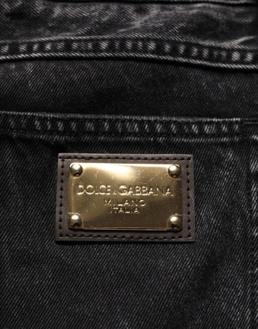 Black Distressed Cotton Straight Denim Jeans