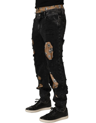 Black Distressed Cotton Straight Denim Jeans