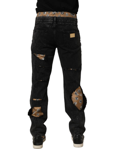 Black Distressed Cotton Straight Denim Jeans