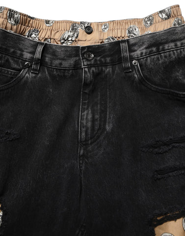 Black Distressed Cotton Straight Denim Jeans