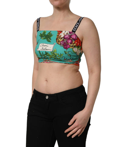 Turquoise Vegetable Print Silk Crop Tank Top