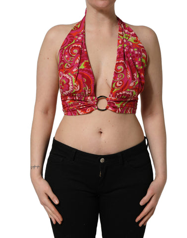 Red Paisley Silk Halter Neck Crop Tank Top