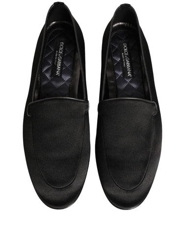 Black Satin Logo Slip On Flats Loafers Shoes