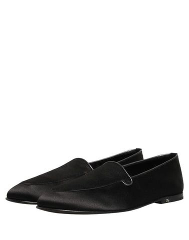 Black Satin Logo Slip On Flats Loafers Shoes
