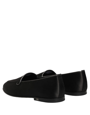 Black Satin Logo Slip On Flats Loafers Shoes
