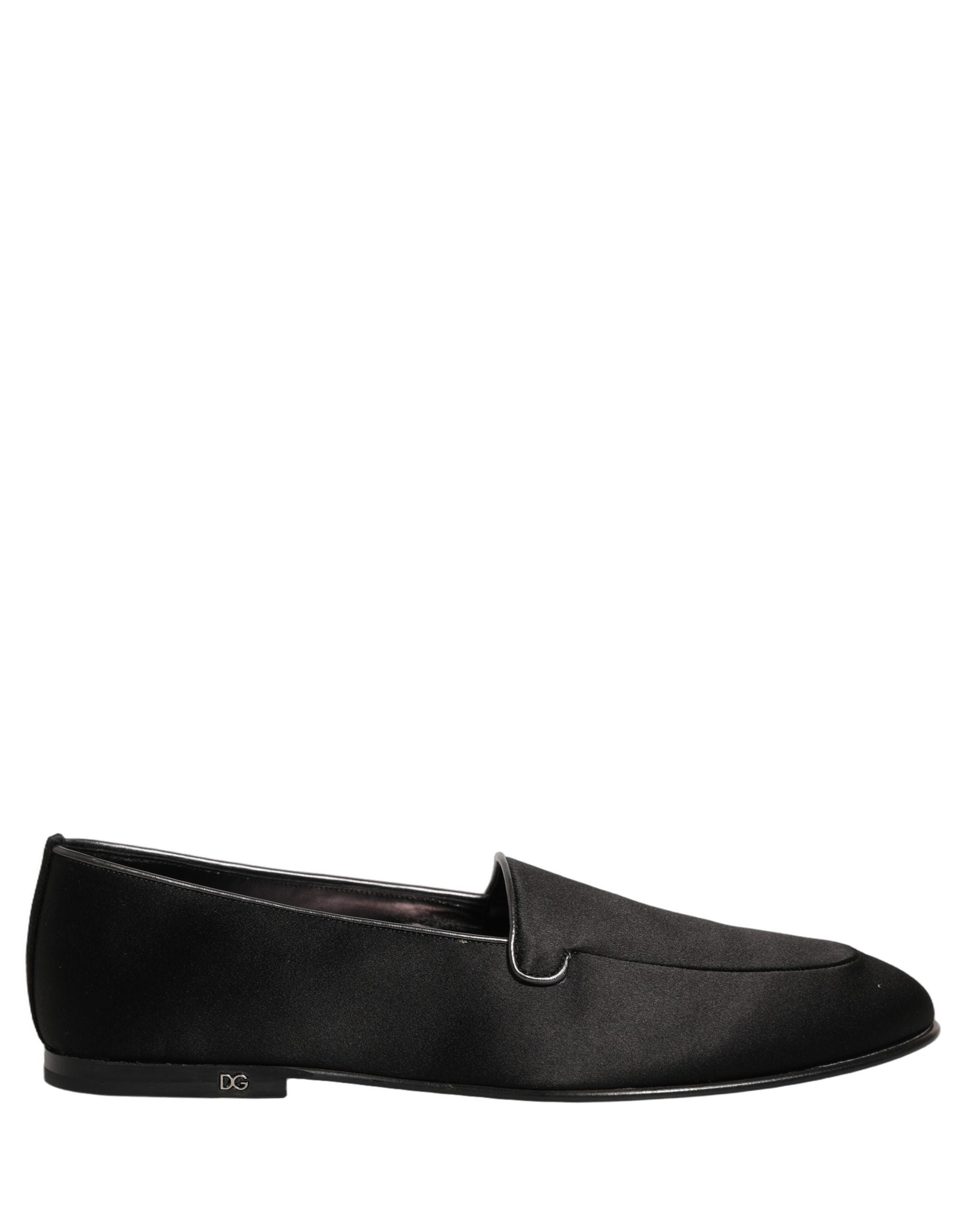Black Satin Logo Slip On Flats Loafers Shoes
