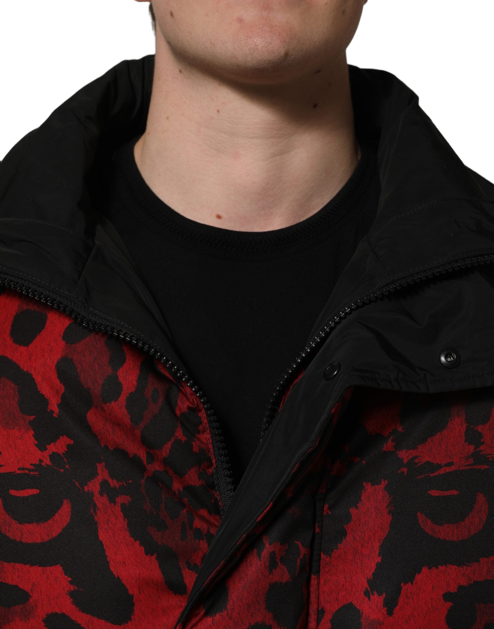 Red Black Reversible Animal Print Puffer Coat Jacket