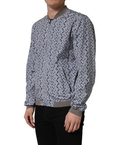 Light Blue Cotton Car Print Bomber Jacket