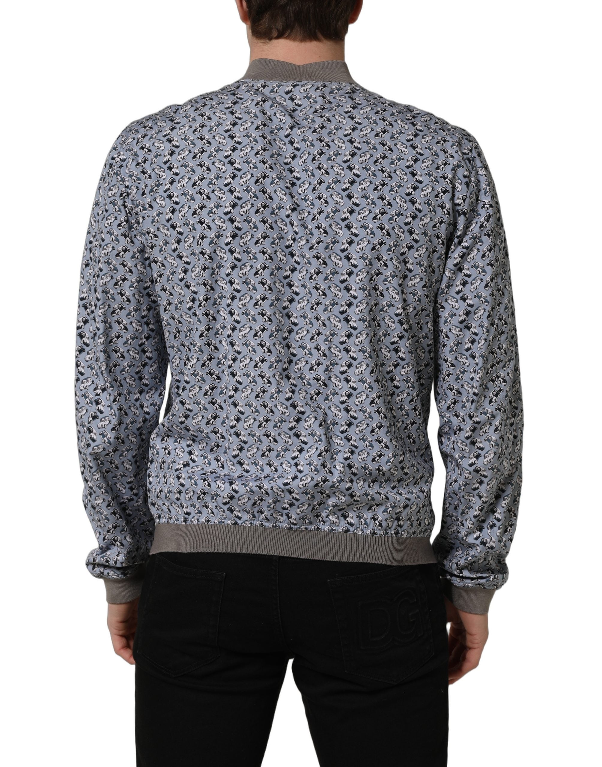 Light Blue Cotton Car Print Bomber Jacket