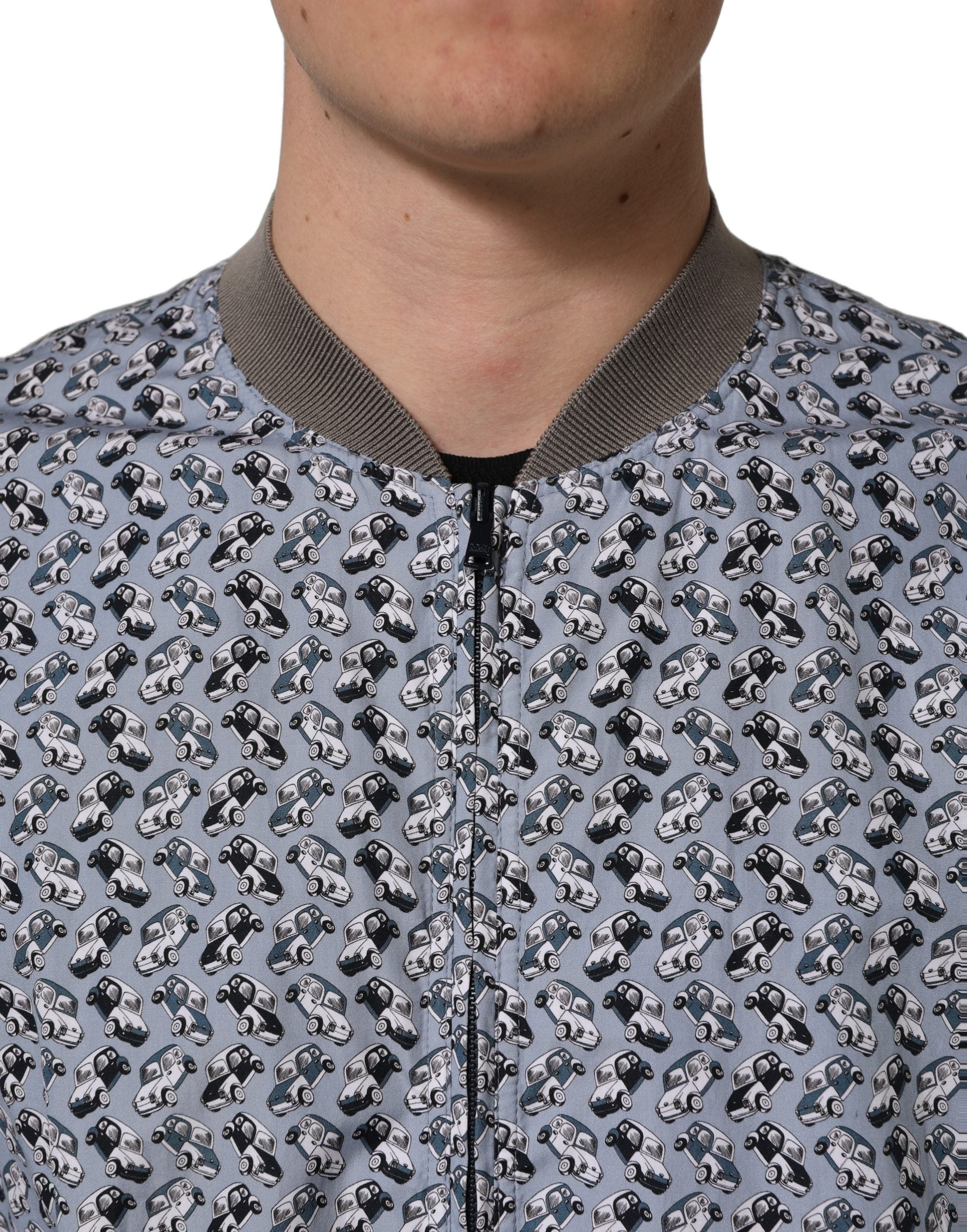 Light Blue Cotton Car Print Bomber Jacket
