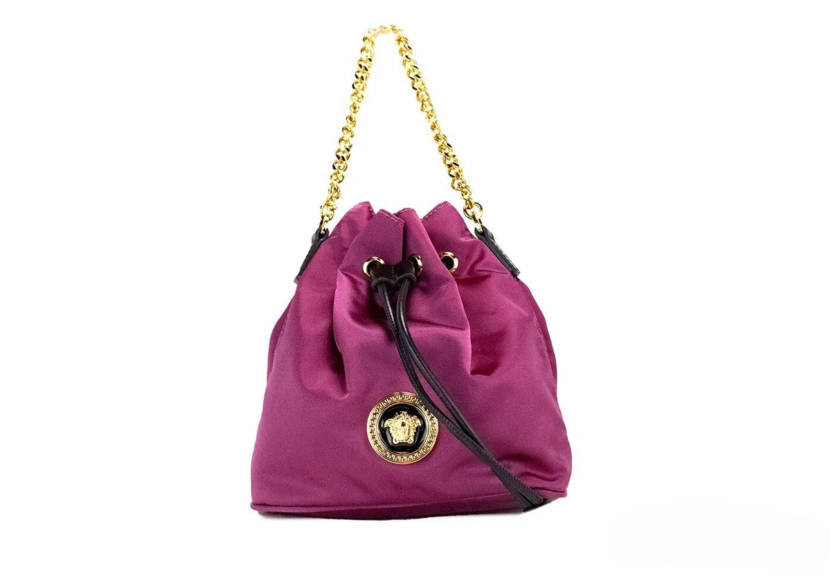Versace Small Dahlia Nylon Medusa Pendant Bucket Chain Crossbody Bag Purse