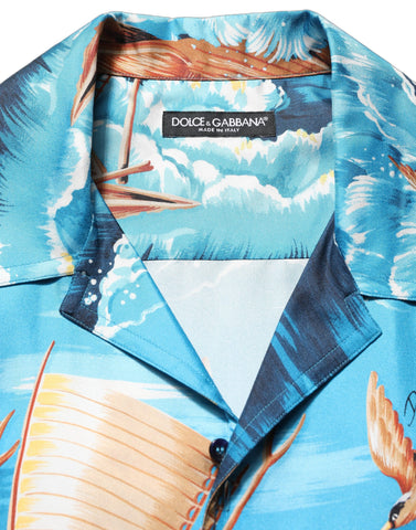 Blue Silk Twill Hawaiian GraphicPrint Shirt