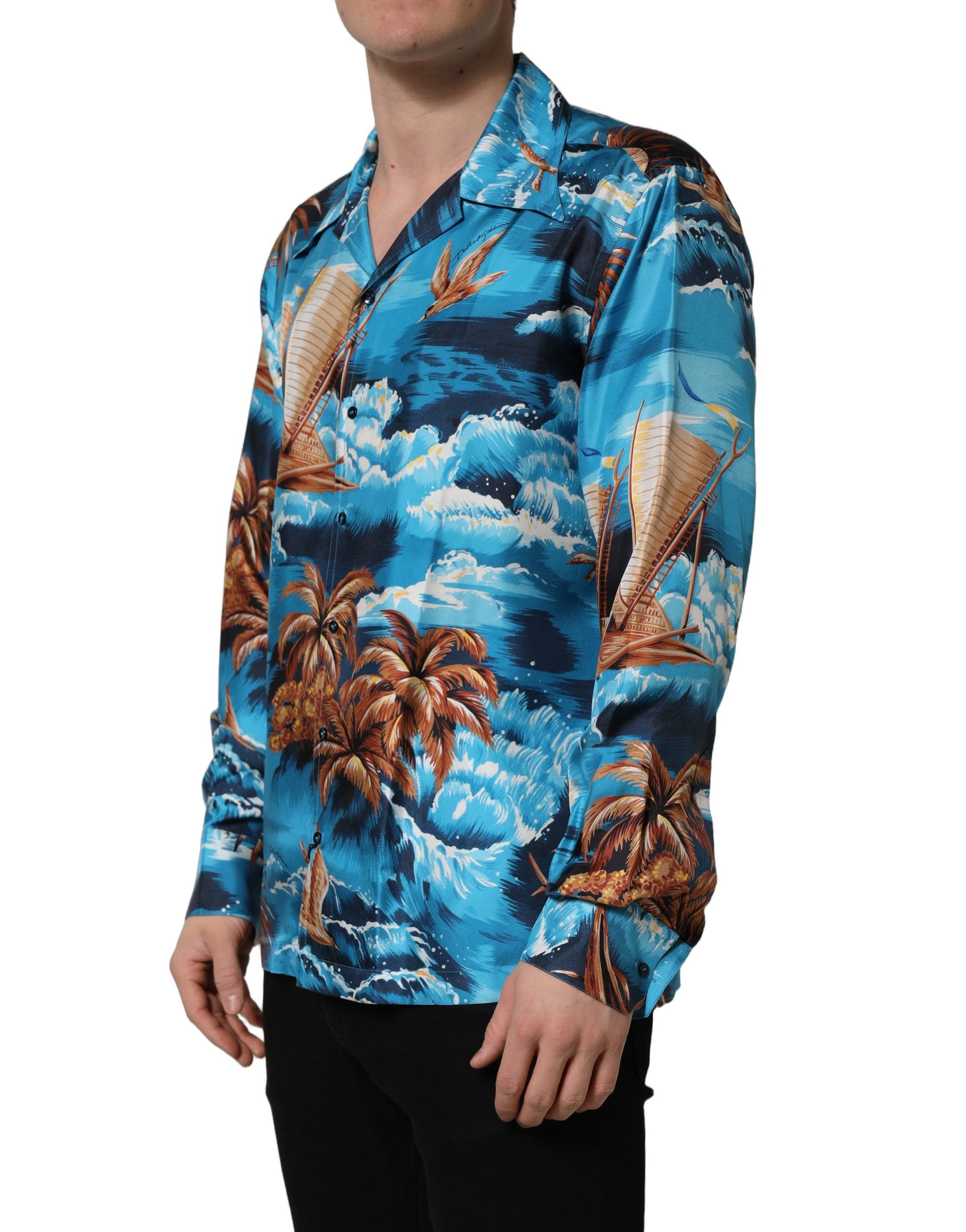 Blue Silk Twill Hawaiian GraphicPrint Shirt