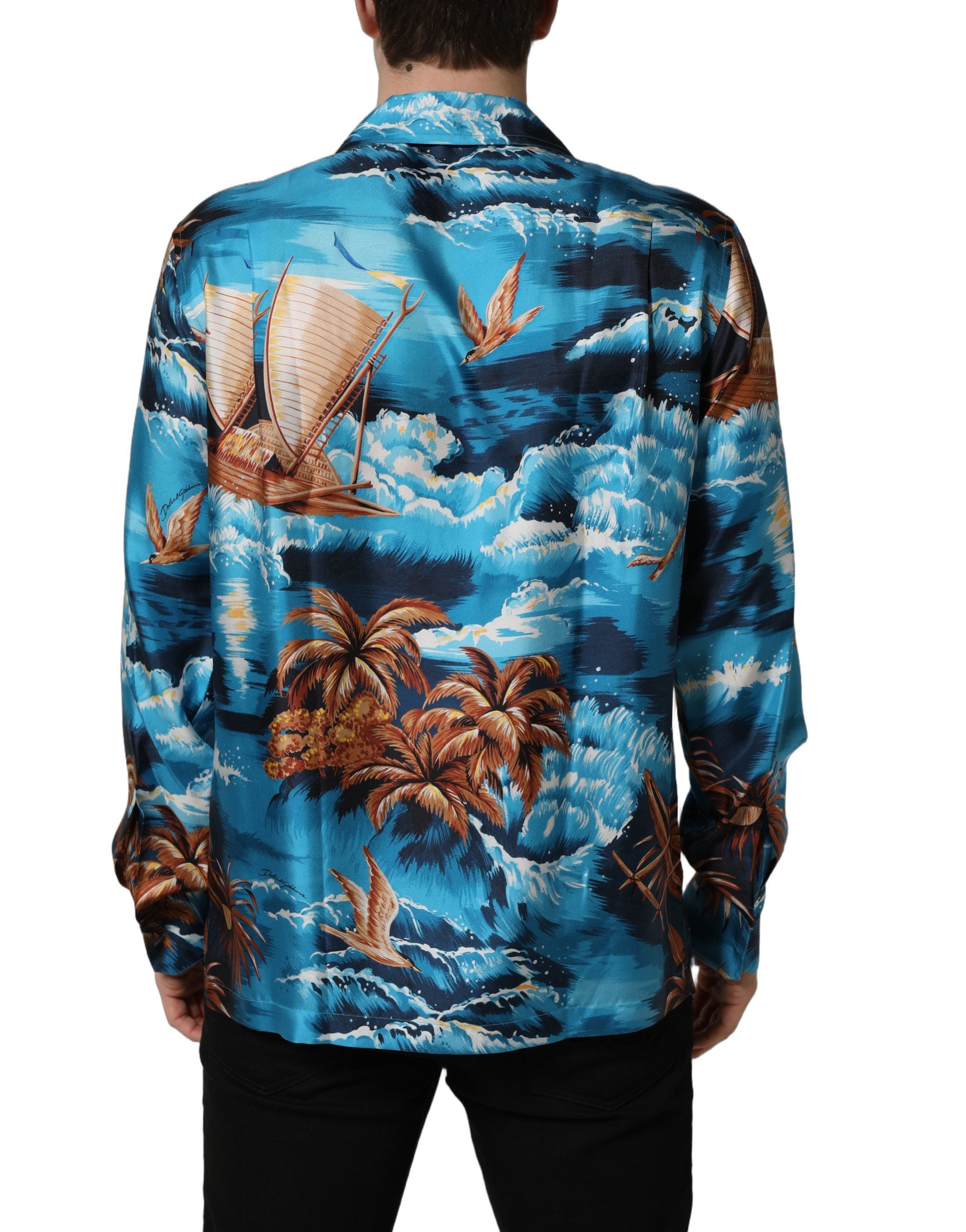 Blue Silk Twill Hawaiian GraphicPrint Shirt