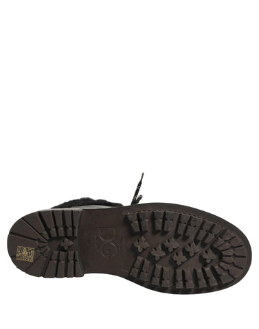 Black Trekking Fur Lace Leather Boots Shoes