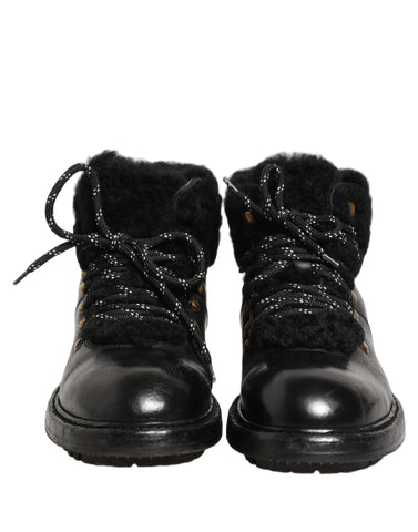 Black Trekking Fur Lace Leather Boots Shoes