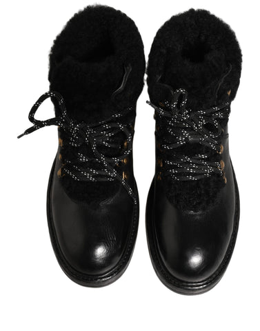 Black Trekking Fur Lace Leather Boots Shoes