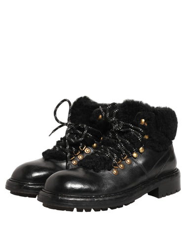 Black Trekking Fur Lace Leather Boots Shoes