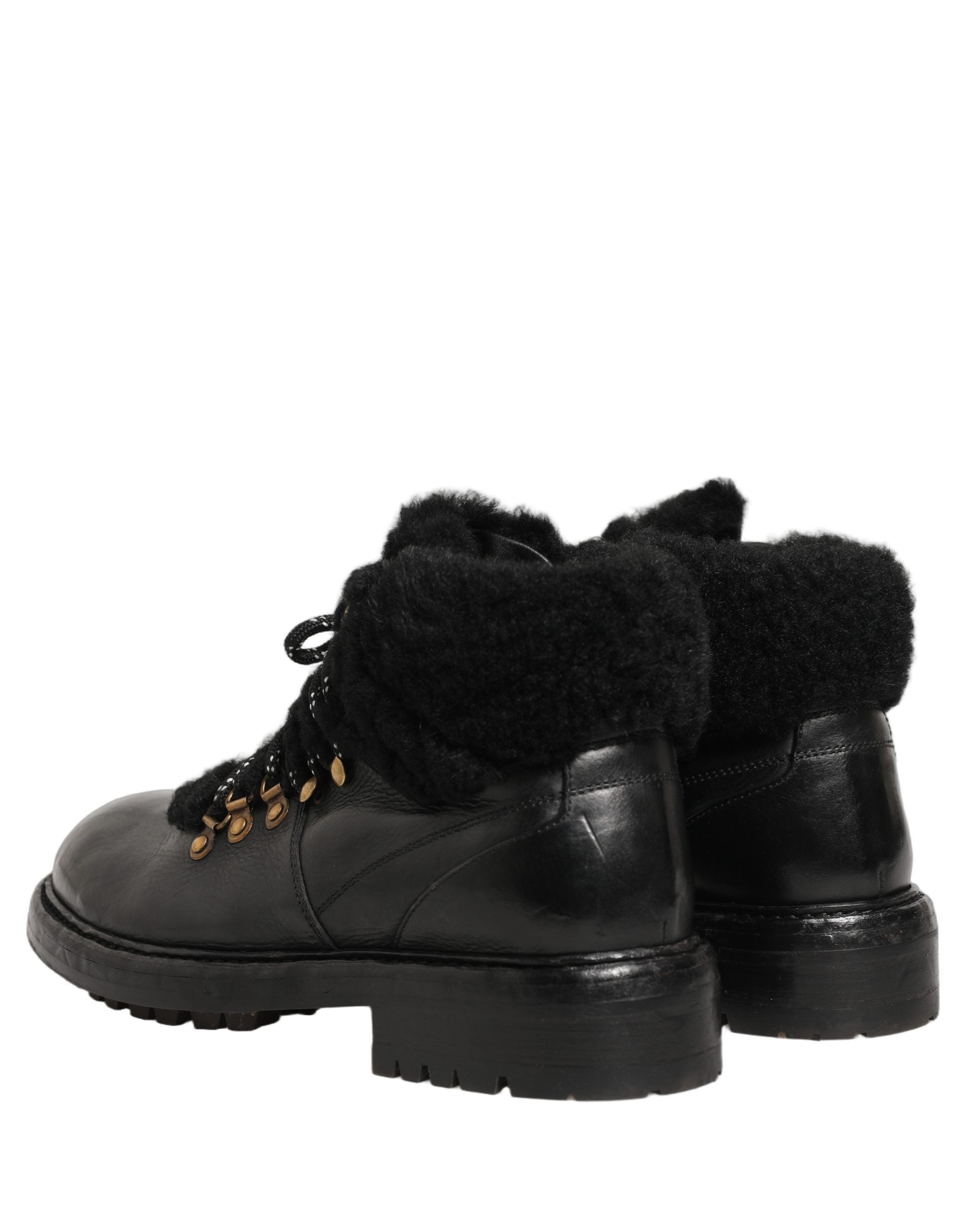 Black Trekking Fur Lace Leather Boots Shoes