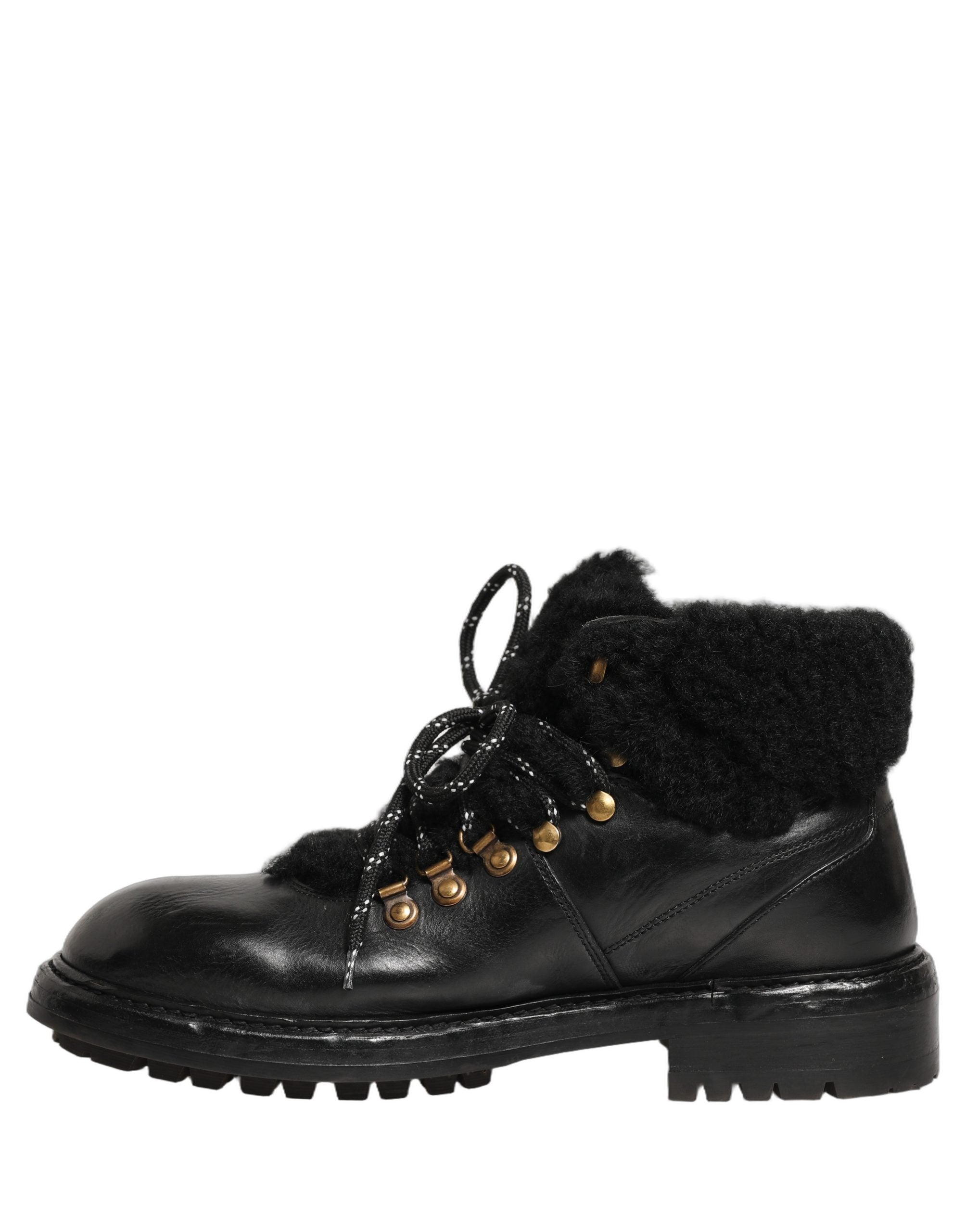 Black Trekking Fur Lace Leather Boots Shoes
