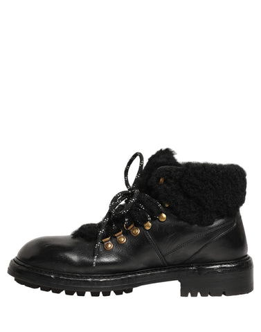 Black Trekking Fur Lace Leather Boots Shoes