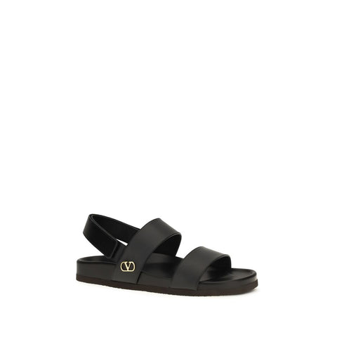 Black Calf Leather Bos Taurus Flat Sandals