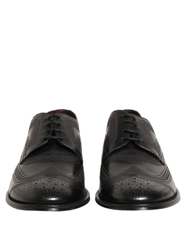 Black Embroidered Leather Derby Dress Shoes