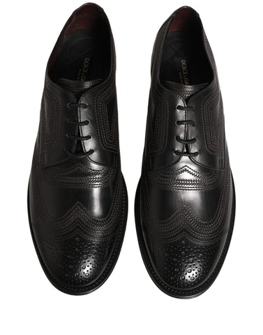 Black Embroidered Leather Derby Dress Shoes