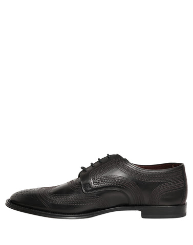Black Embroidered Leather Derby Dress Shoes