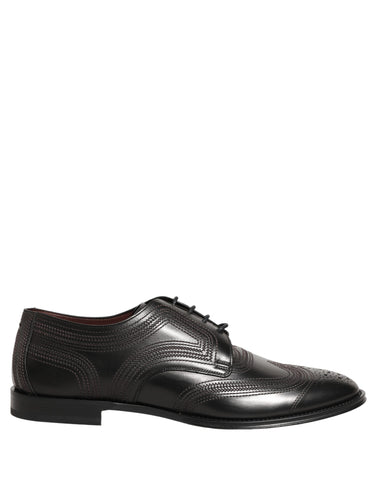 Black Embroidered Leather Derby Dress Shoes