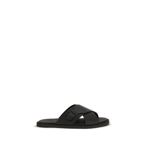 Black Calf Leather Bos Taurus Flat Sandals