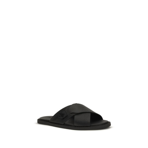 Black Calf Leather Bos Taurus Flat Sandals