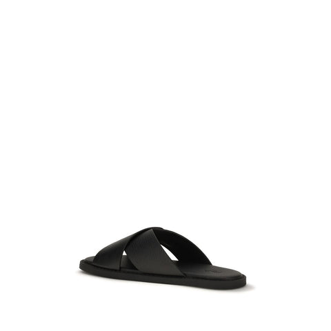 Black Calf Leather Bos Taurus Flat Sandals