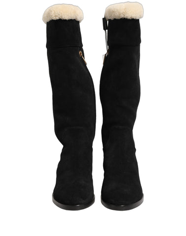 Suede Leather Knee High Boots Black