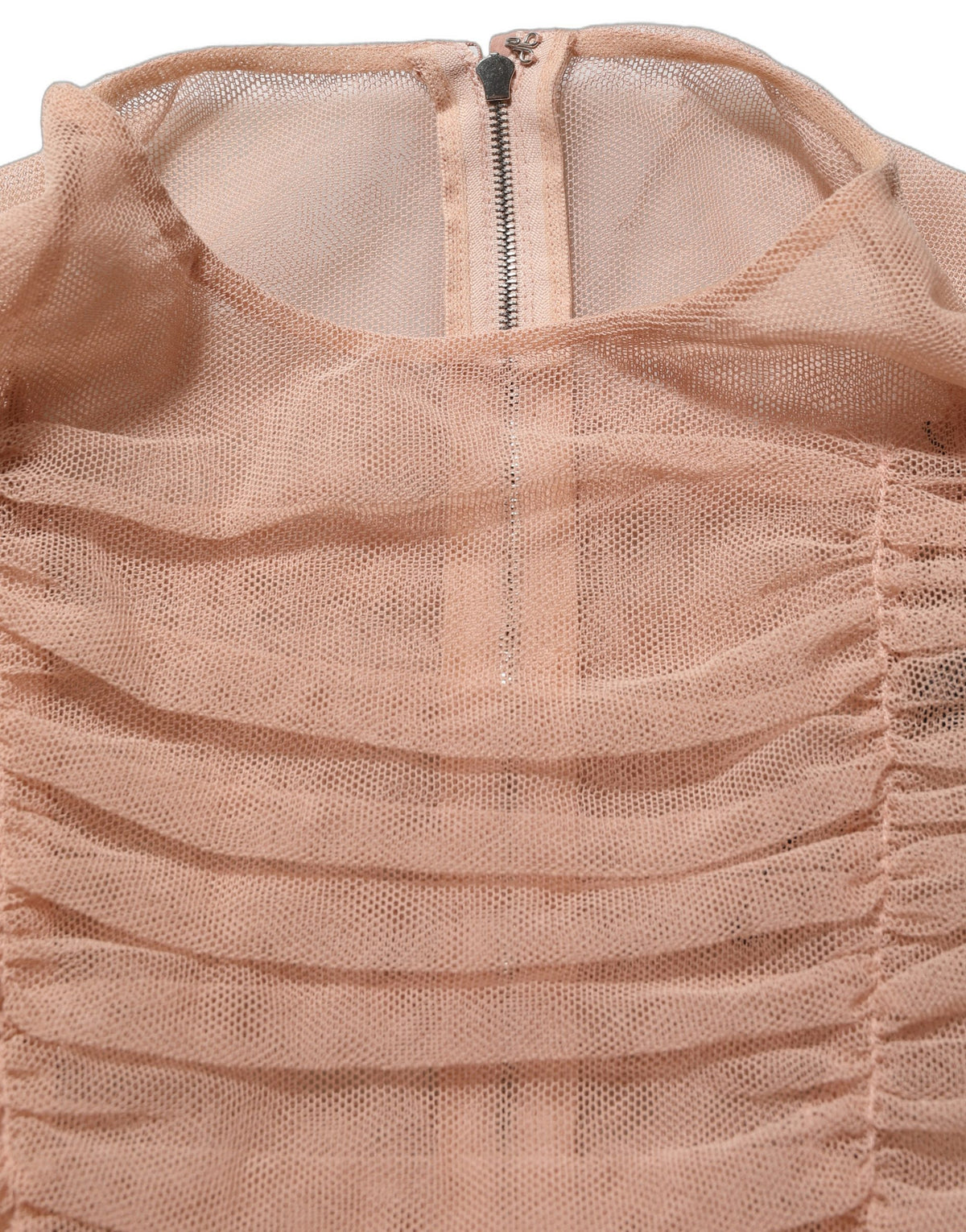 Beige Cotton Mesh Ruched Sheath Midi Dress