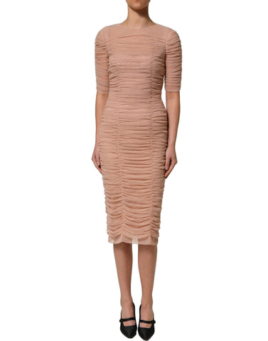 Beige Cotton Mesh Ruched Sheath Midi Dress