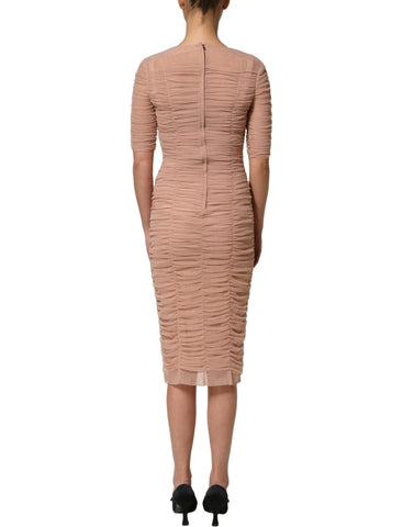 Beige Cotton Mesh Ruched Sheath Midi Dress