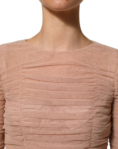 Beige Cotton Mesh Ruched Sheath Midi Dress
