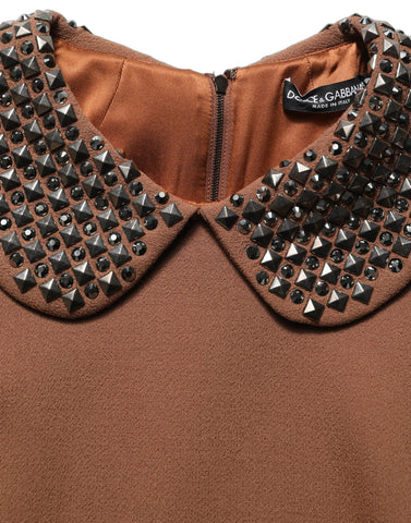 Brown Wool Rhinestone Embellished Midi Dress