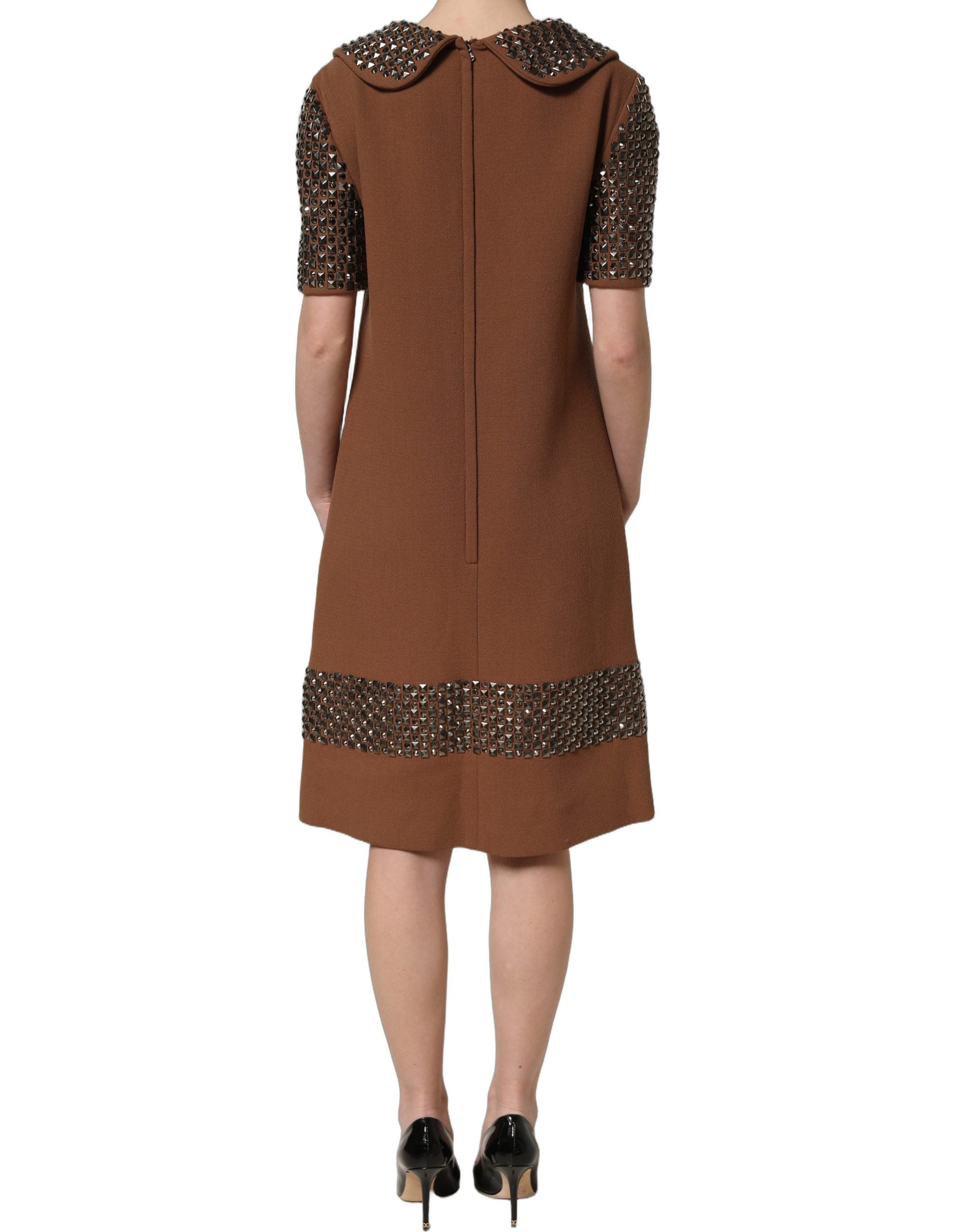 Brown Wool Rhinestone Embellished Midi Dress