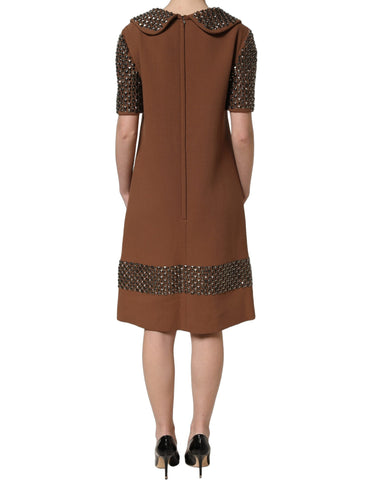 Brown Wool Rhinestone Embellished Midi Dress