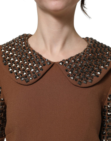 Brown Wool Rhinestone Embellished Midi Dress