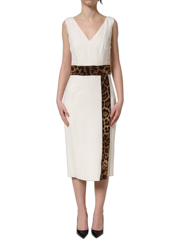 White Leopard Sleeveless Sheath Midi Dress