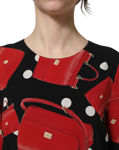 Black Handbag Print Long Sleeve Midi Dress